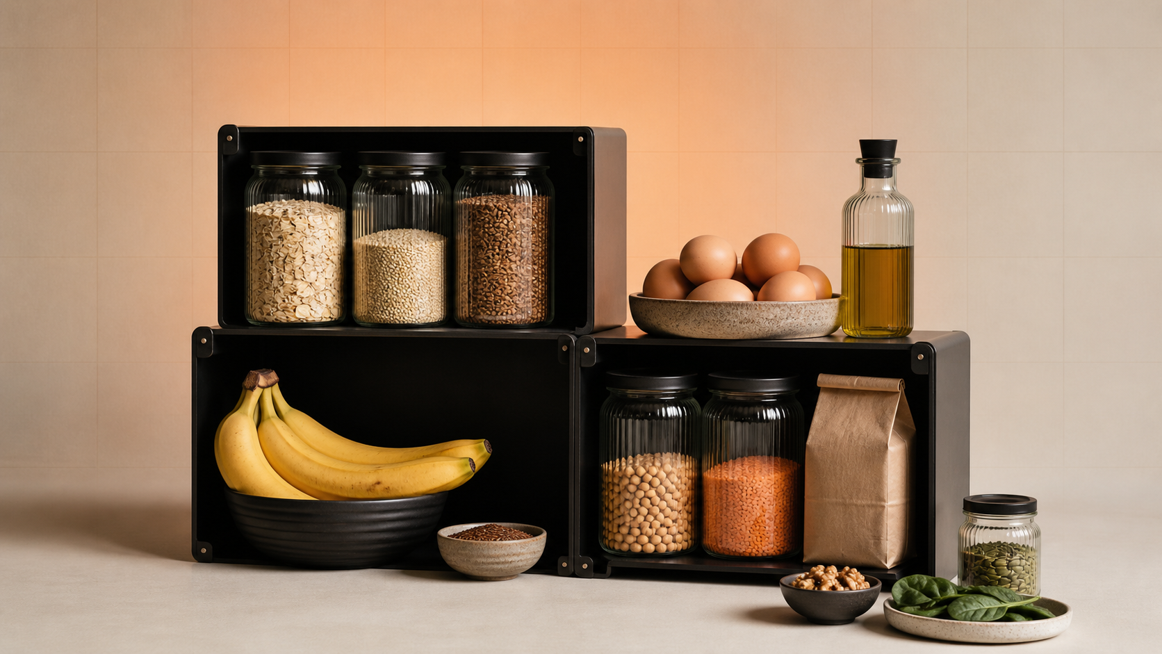 A neatly organised pantry of everyday ingredients