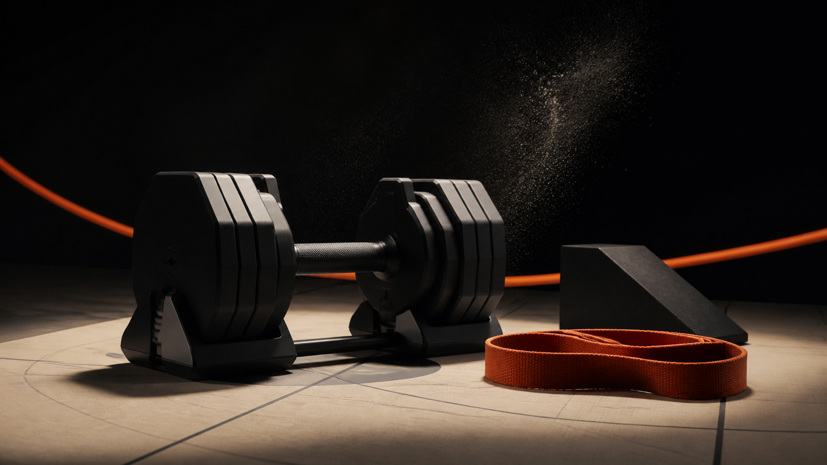 Training equipment arranged on a studio floor