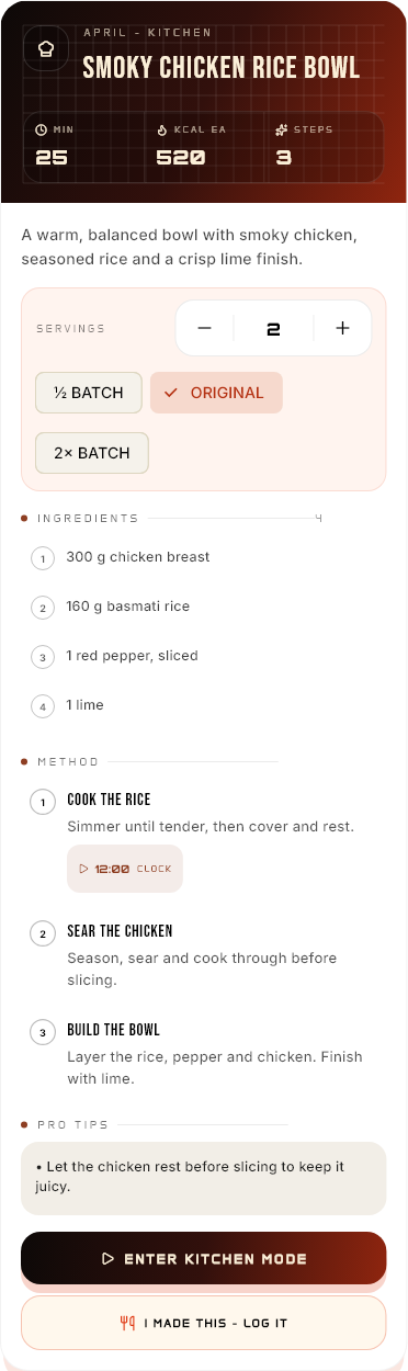 The full April AI recipe card for a smoky chicken rice bowl, including servings, ingredients, method, timers and logging controls